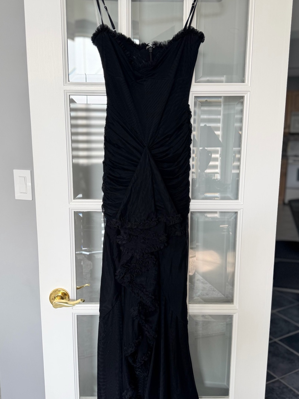 House of CB Black Ruched Lace-Trim Maxi Dress